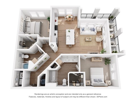 A 3D floor plan of a house with multiple rooms and furniture.